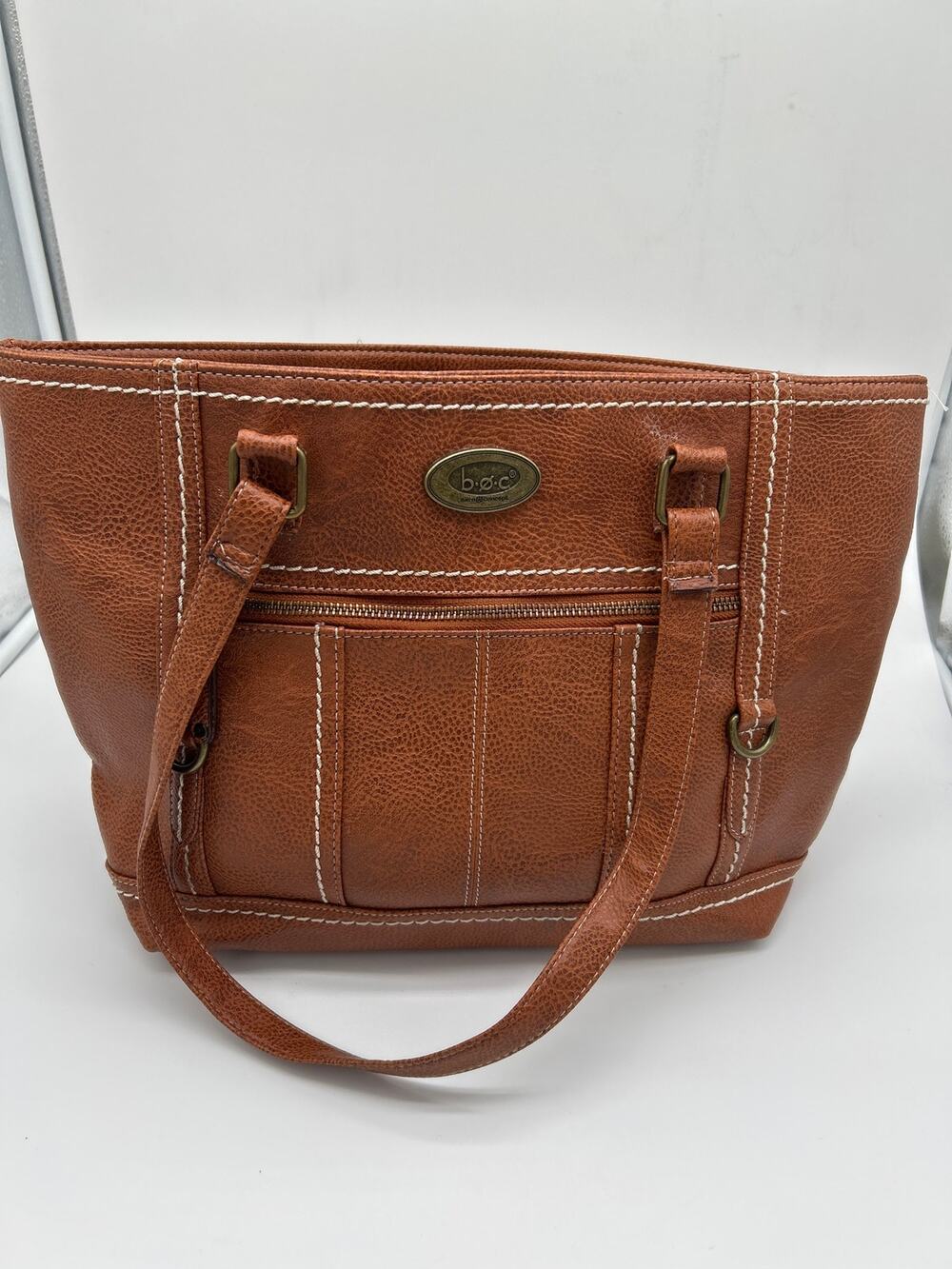 B.O.C. Born Concepts Brown Faux Leather Tote Shoulder Bag Contrast Stitch EUC